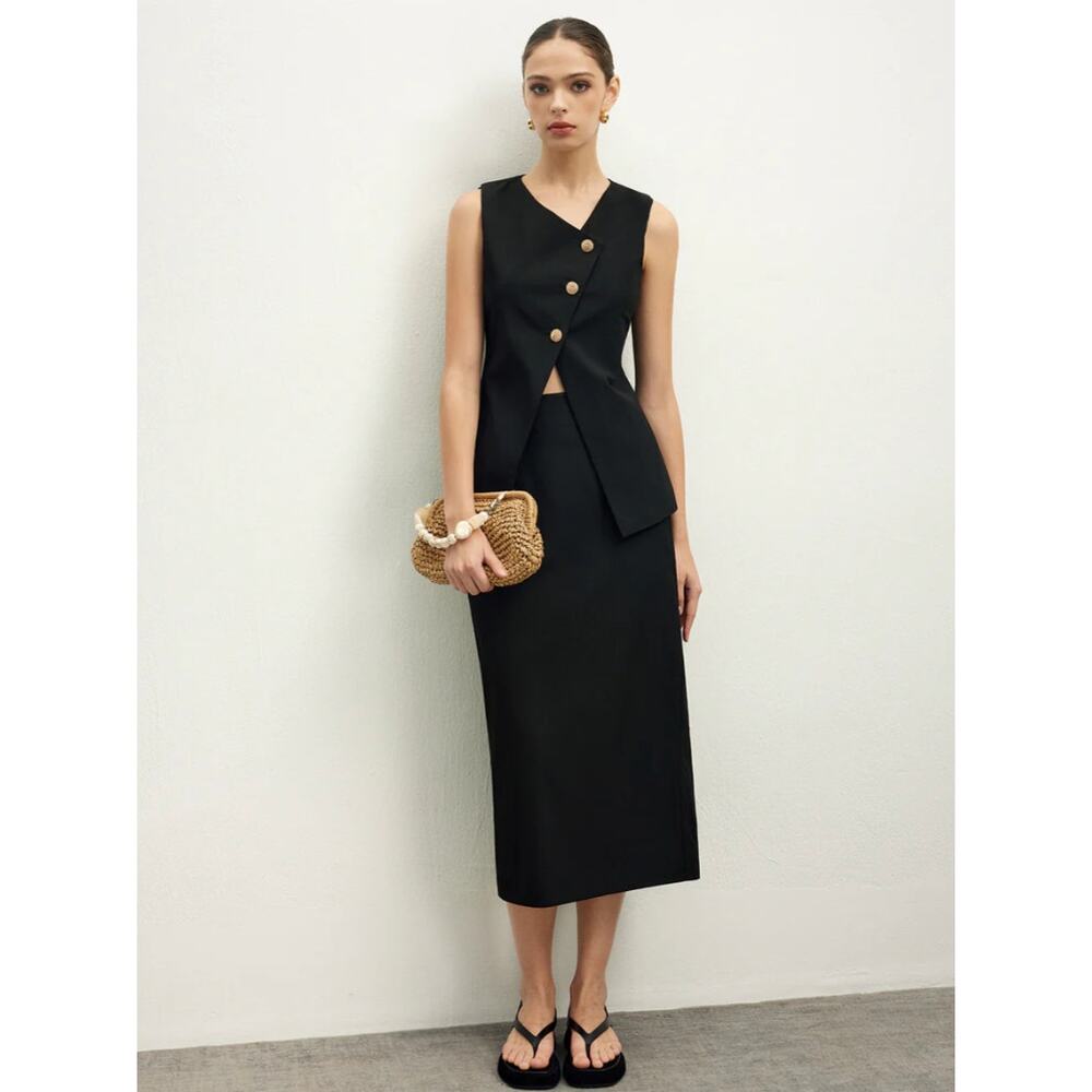 Asymmetrical Button Top A Line Skirt set Commense L